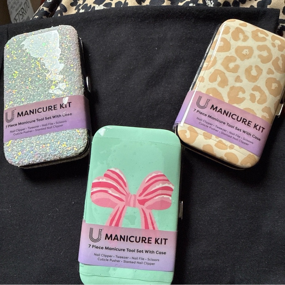Three Manicure Kit set - Glitter, Mint, and Leopard Designs